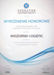 Wyróżnienie honorowe 
Operator logistyczny 
roku 2013