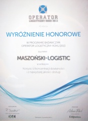 Wyróżnienie honorowe 
Operator logistyczny 
roku 2013